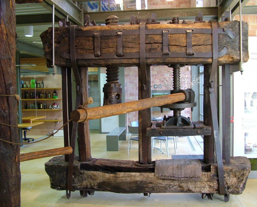 Old olive press at the olive museum in Sparti, Greece